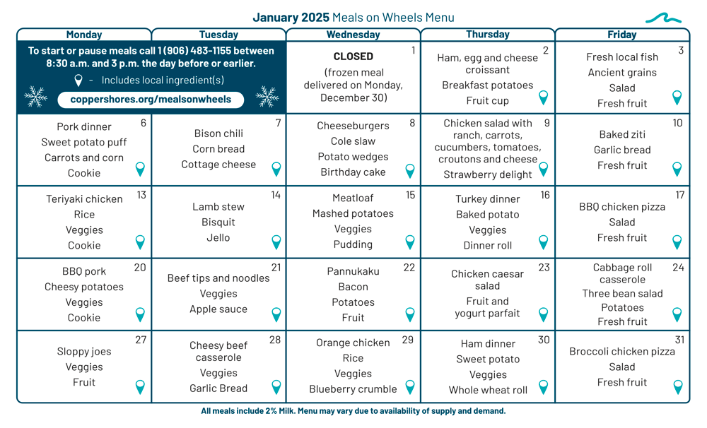 January 2025 Copper Shores Meals on Wheels Menu